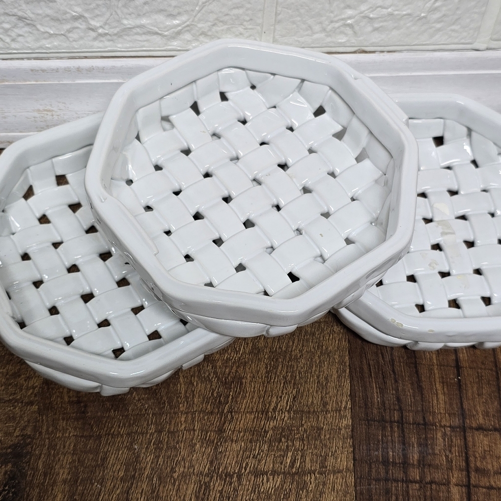 Vintage Farmhouse Style White Ceramic Woven Basket Accent, Set Of 3